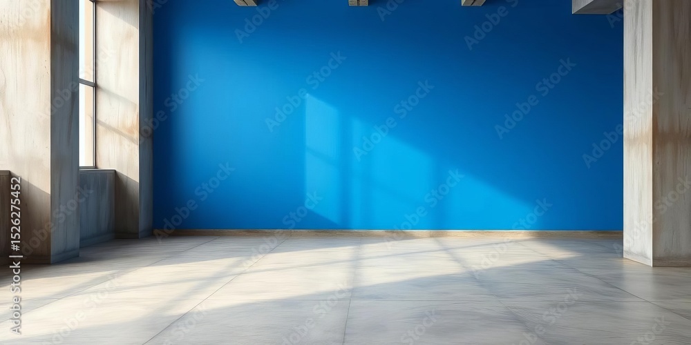 Fototapeta premium Stark blue wall dominates empty concrete room, minimalist backdrop, empty room, simple