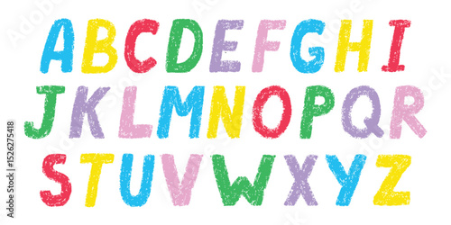 Colourful Doodle crayon children font, cartoon kids English alphabet with crayon texture. Vector hand-drawn letters, cute chalk texture. Color pencil children font