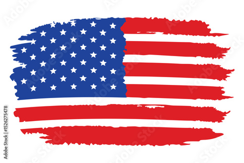 Distressed American Flag Illustration with Brushstroke Effect, Red, White, and Blue Design