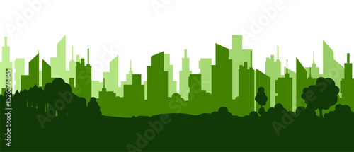Green city skyline silhouette with stylized modern buildings creating a vibrant urban panorama scene.