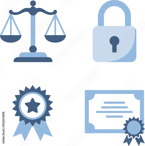Justice ruled login icons showing approved legal balance, secure padlock access and ribbon certificate marks.