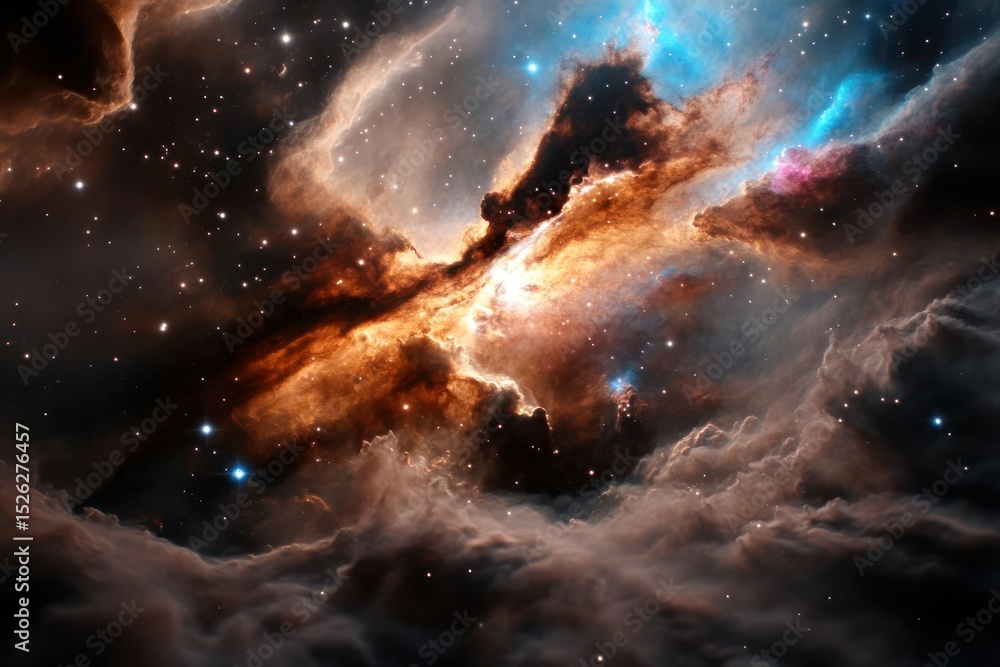 Fototapeta premium Vibrant Cosmic Nebula with Swirling Clouds and Star-Speckled Dark Background
