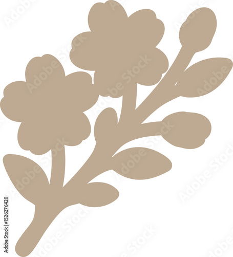 Beige Flower Silhouette with Leaves and Branch  