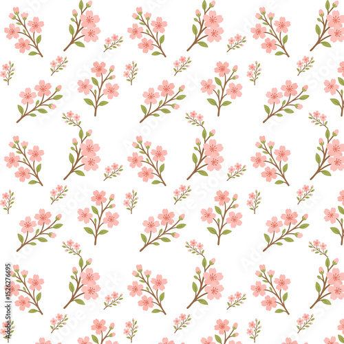 Wallpaper Mural Flat style background depicting a branch of cherry blossom with two pink flowers, several buds and green leaves on a brown stem. Torontodigital.ca