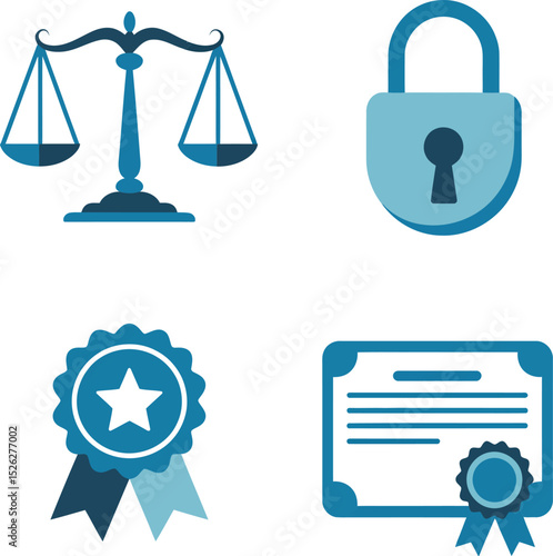 Trust and law recognition icons including certified award ribbons, ID credential documents and secure cloud lock.