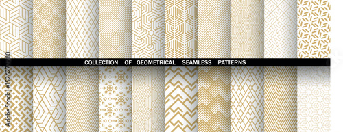 Geometric set of seamless golden and white patterns. Simple vector graphics.