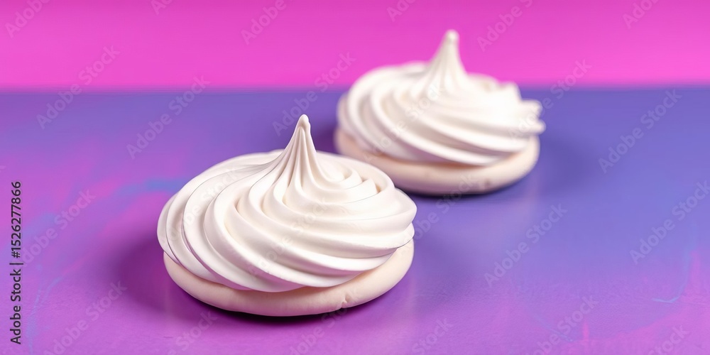 Two pristine meringue cookies, perched on vibrant purple and blue backdrop, close-up, dessert photography Two pristine meringue cookies, perched on vibrant purple and blue backdrop, close-up, dessert photography