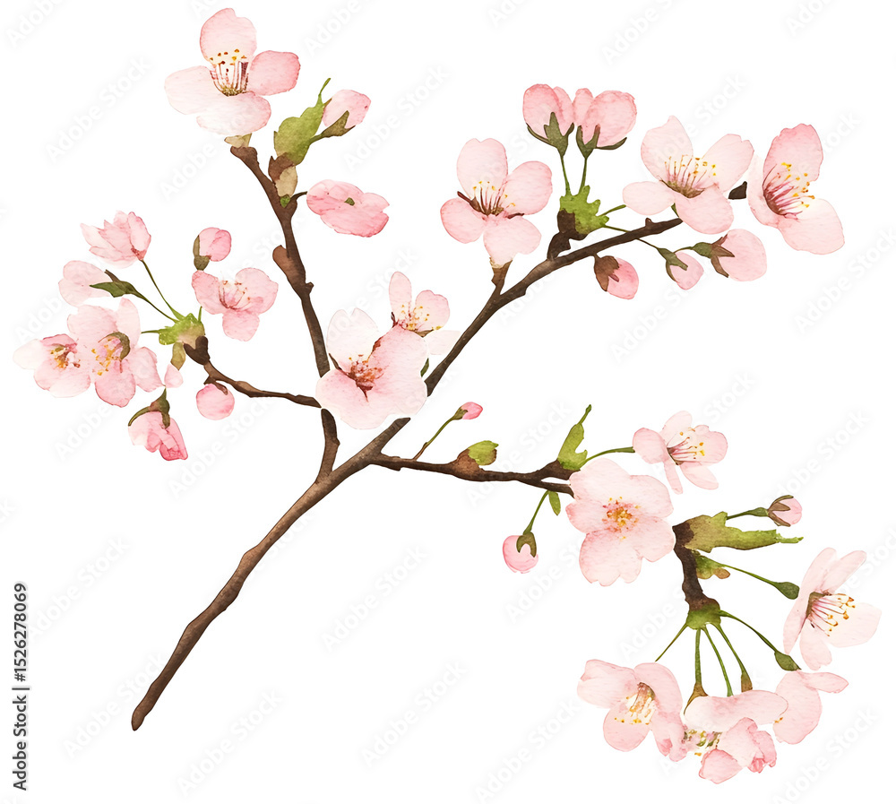 Fototapeta premium A delicate watercolor illustration of blooming cherry blossom branches with soft pink petals and subtle green leaves, outlined with a white sticker border.