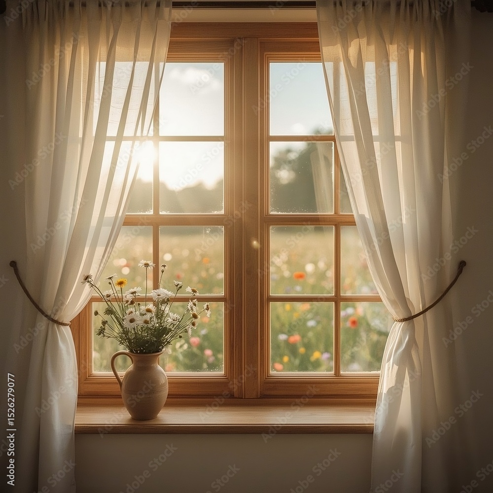 Photorealistic wooden window with sheer curtains, wildflowers on the sill at the left side, and a sunlit blooming summer meadow outside. Photorealistic wooden window with sheer curtains, wildflowers on the sill at the left side, and a sunlit blooming summer meadow outside.