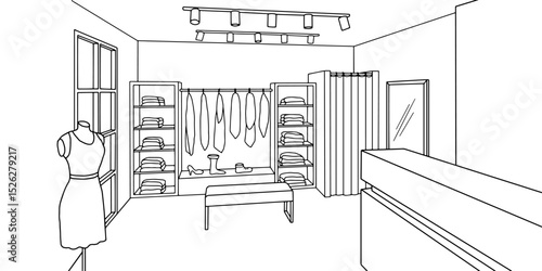 Dress store interior graphic black white sketch illustration vector 