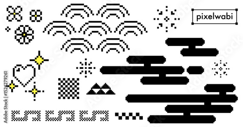 Japanese cloud motif. Asian seigaiha pattern. Pixel art style. Geometric mist texture. Abstract traditional oriental ornament on white background. Y2k inspired simple black japan, china decoration set