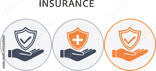 Vector Insurance Concept Illustration with Hands Holding Shields and Icons of Protection and Health