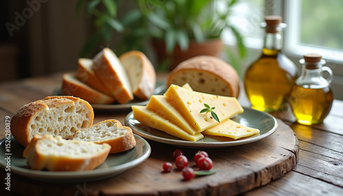Assorted Bread and Cheese Selection with Olive Oil and Spices