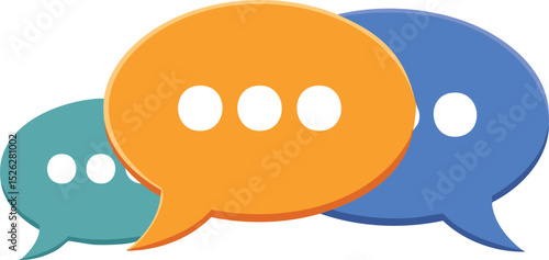 Vector Overlapping Speech Bubbles in Teal, Orange, and Blue with Ellipsis Dots and Soft Shadows