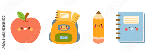 Adorable cartoon-style school supplies with cheerful faces. Ideal for teacher resources, children's books, and fun school-themed visuals.