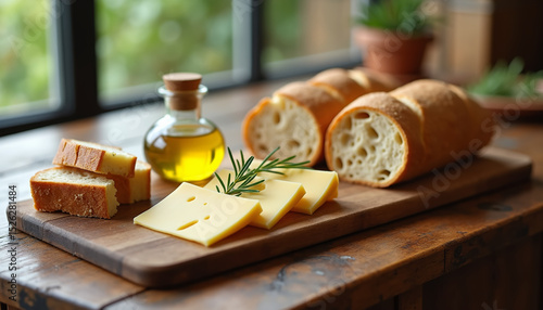 Artistic Bread and Cheese Composition with Olive Oil Drizzle