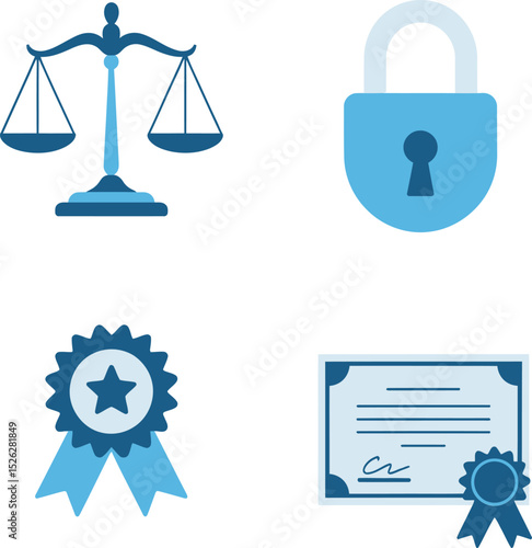 Trust and secure login icons showing balance of justice, access padlock, ID verification and winner badge emblems.