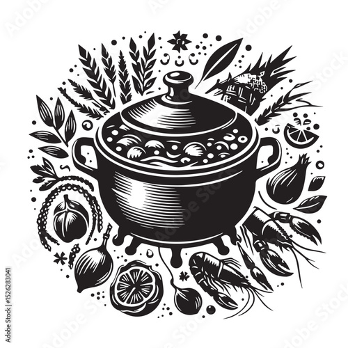 Cajun Cooking Pot with Seafood and Ingredients - Black and White Illustration