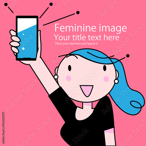 可愛い女性のちびキャラがスマホを見てるポーズ