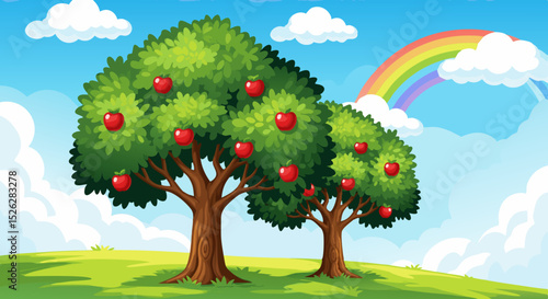  Cartoon Landscape with Apple Trees and Rainbow  Children's Book Style Landscape with Fruit Trees 