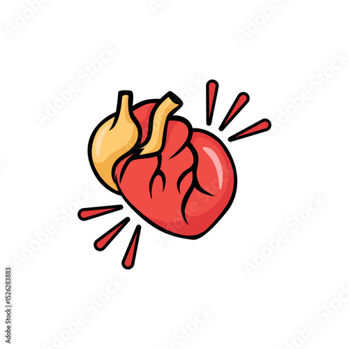 Vibrant cartoon anatomical heart in red and yellow, with expressive accents conveying liveliness.