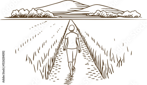 Person walking through rural field pathway solitude and nature connection, peaceful landscape with distant hills