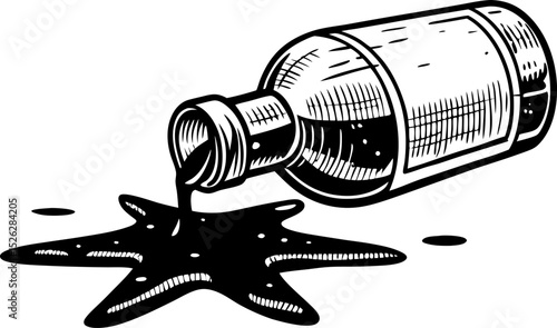 Ink bottle tipping over and spilling liquid vintage black and white sketch, hand drawn illustration concept