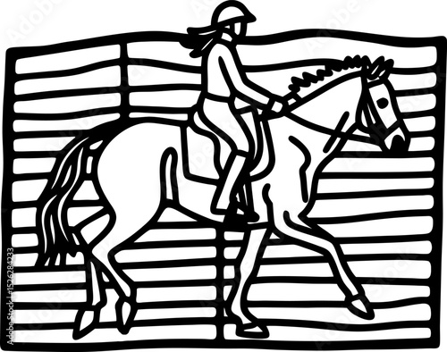 Equestrian rider on horse trotting in paddock woman training with helmet, outdoor activity, sport silhouette