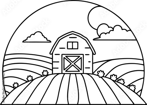 Classic barn on rolling farmland with hills, sun, and clouds rustic rural landscape background illustration
