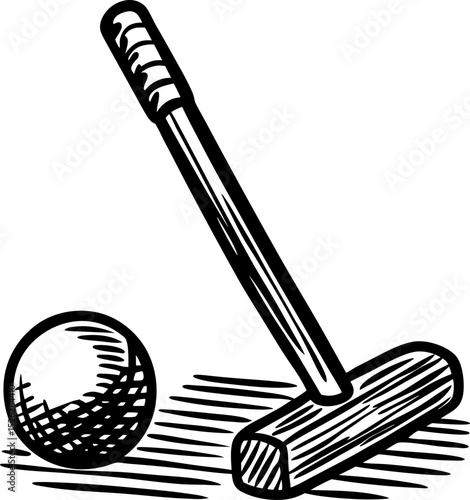 Croquet mallet and ball illustration vintage black and white drawing, classic outdoor lawn sport equipment, hand drawn