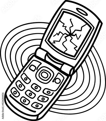 Broken flip phone with cracked screen old mobile device, damaged keypad, retro communication technology illustration