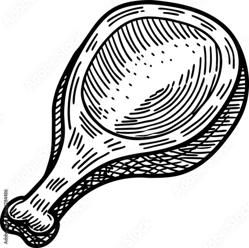 Hand drawn chicken drumstick illustration vintage black and white sketch of cooked meat, isolated food concept