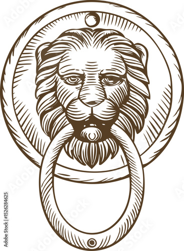 Vintage lion head door knocker illustration antique metal ring handle with classical architectural design