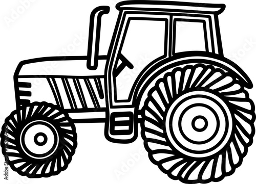 Farm tractor outline illustration agricultural vehicle, rural machinery, farm equipment, heavy wheel concept design