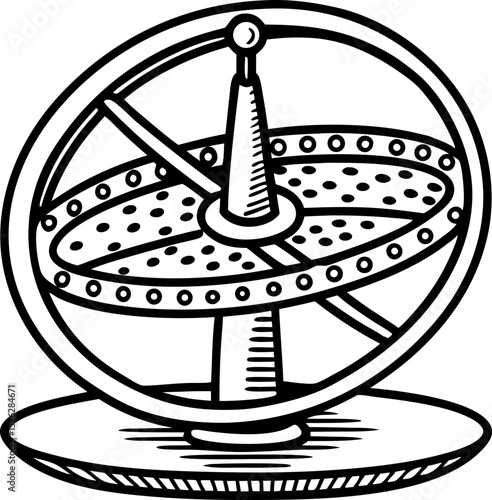 Scientific gyroscope illustration displaying rotational motion and physics principles, educational engineering tool concept