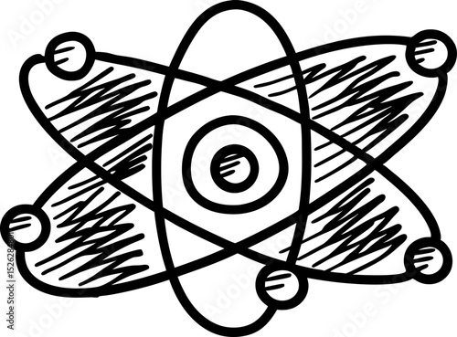 Atomic structure illustration hand drawn atom with nucleus and orbiting electrons science, education, chemistry concept