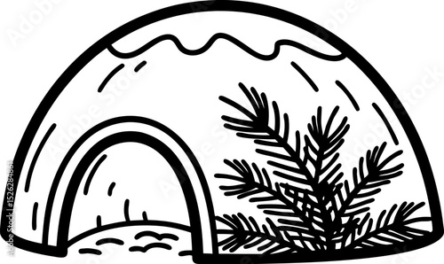 Traditional igloo shelter with snowy dome and pine branches winter survival concept, simple black outline drawing