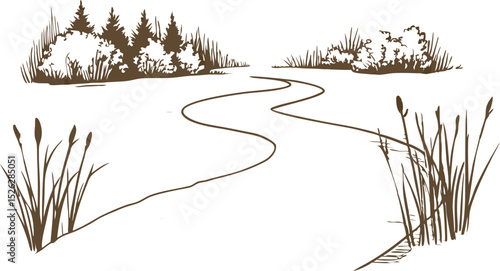 Winding river landscape illustration with reeds and trees hand drawn nature sketch, tranquil outdoor scenery