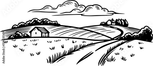 Countryside landscape fields with rural houses, winding road, rolling hills and cloudy sky, rustic farmland scene