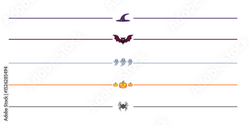 Halloween Divider Lines with Witch Hat, Bat, Ghost, Pumpkin, and Spider Icons – Festive Horizontal Elements