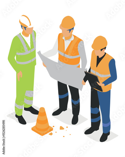Teamwork concept in construction: isometric illustration of a supervisor and foreman coordinating on-site tasks, isolated on white.