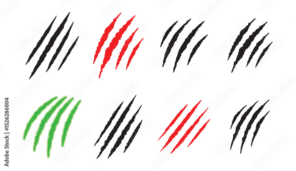Fototapeta premium Claw Mark Scratch Vector Set in Black, Red, and Green – Isolated on White Background