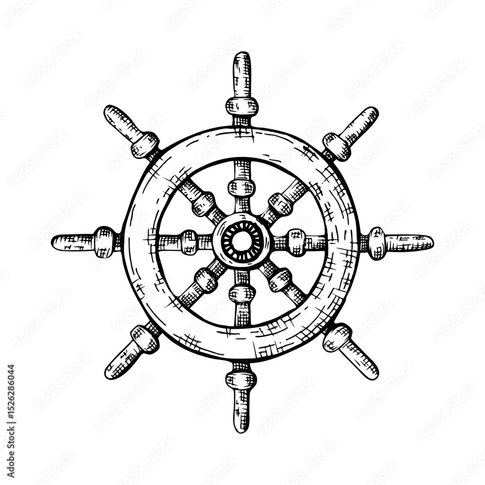 Obraz premium Ships steering wheel. A helm painted by black ink. Hand drawn vector illustration. Sketch in line art style isolated on white background. Perfect for maritime design cards packages labels
