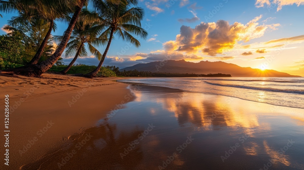 Fototapeta premium tropical beach paradise at golden hour, glowing sand and water reflections