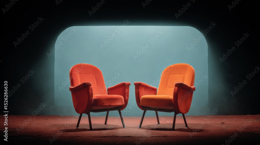 Obraz premium Two vintage orange armchairs facing each other in a moody cinematic setting with soft blue backlight ideal for talk show promo visuals, podcast studio design and interview setup concepts