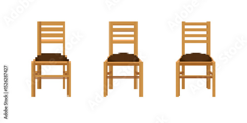 This pixel-style chair set shows three wooden chairs in a classic, retro design.