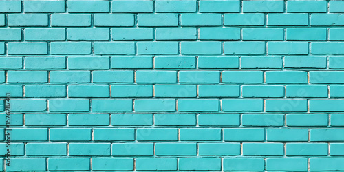 Turquoise painted brick wall with horizontal running bond pattern, weathered texture, uniform rectangular bricks, mortar joints visible throughout surface.