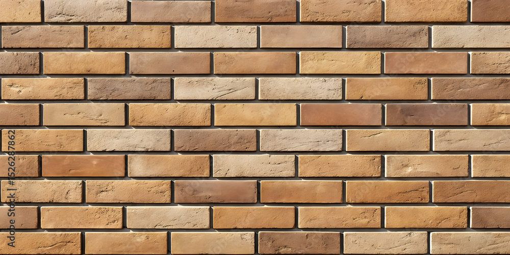 Obraz premium Sandy brown brick wall with traditional horizontal pattern, natural earth tones, varied brick coloring, classic masonry construction, pronounced shadowing between courses.