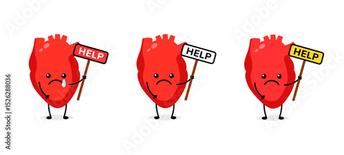 Heart showing sadness while holding signs carrying messages for help. each sign is distinct.
