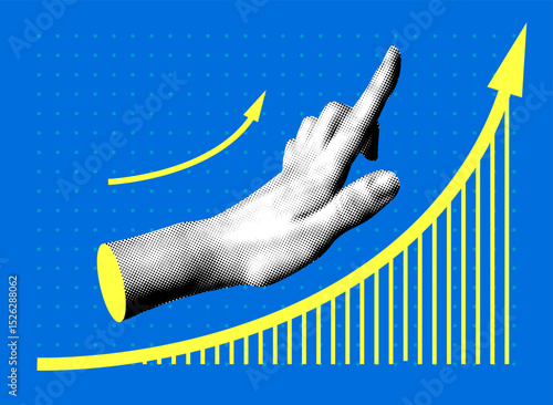 Business data analytics concept. Halftone hand shows sales growth chart. Modern collage. Growth graph with arrow up. Successful business performance. Financial success. Achieving high results